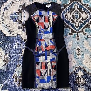 Milly Black Sheath Dress with Blue & Red Geometric Panels